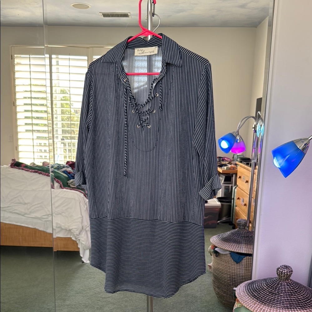 Vintage Havana Navy and White Stripe Polo Collar Tunic with Tie Front